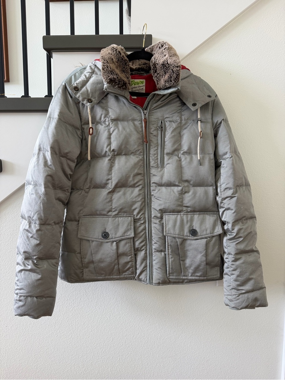 Eddie Bauer Light Gray Quilted Puffer Jacket with Faux-Fur Collar